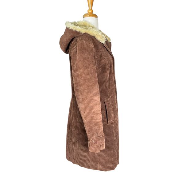 Nine West brown corduroy hooded Wide Whale lined trench Y2K large cotton Retro - Picture 7 of 11